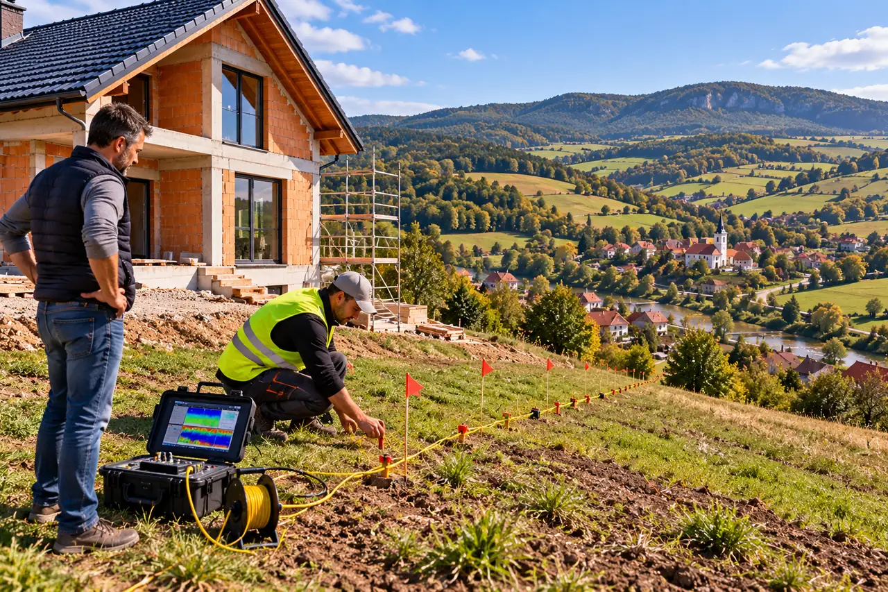 Tehnician care face o scanare geoelectrică pe un teren în pantă lângă o casă în construcție, cu dealurile și valea Sălajului în fundal